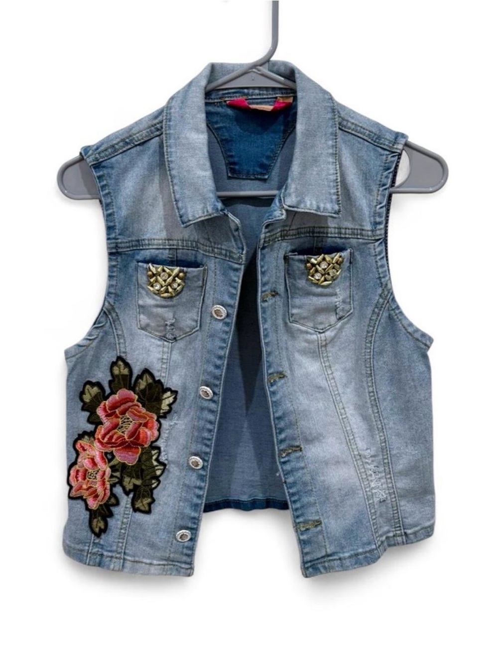 Denimland Y2K Embellished Floral Embroidered Denim Vest Large Western Boho
